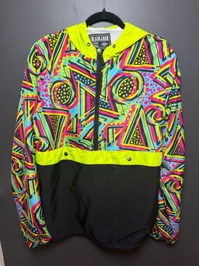 Blackjack 1999 USA Neon Geometric Hooded Pullover Windbreaker Jacket Size Large